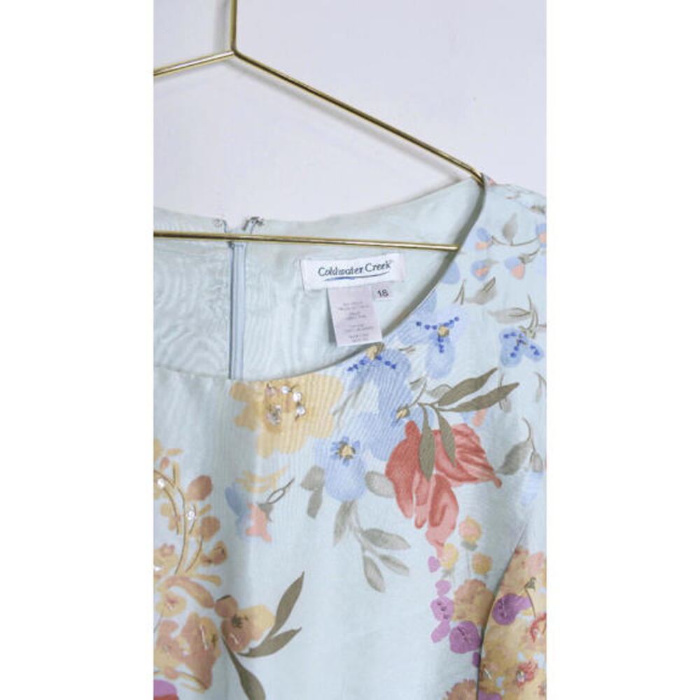 Pale Blue Colorful Floral Silk Beaded Sleeveless Sheath Dress - 18 - Picture 5 of 6
